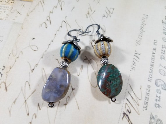 Blue and Gray Pumpkin Drop Earrings; Semiprecious Stone Dangle Earrings; Artisan Assemetric Beaded Drop Earrings; Ceramic Dangle Earrings