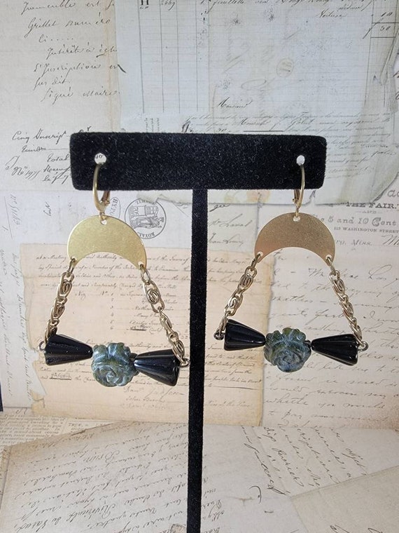Grey, Black and Brass Assemblage Earrings; Vintage Carved Roses Assemblage Earrings; Roses Bowties Earrings