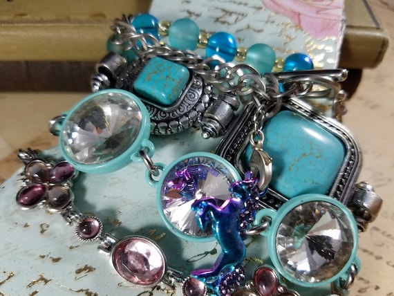 Tiny Wrist Vintage Bracelets Lot #B72; Costume Jewelry Lot, Aqua Bracelet Set; Aqua Silvertone Bracelets Lot