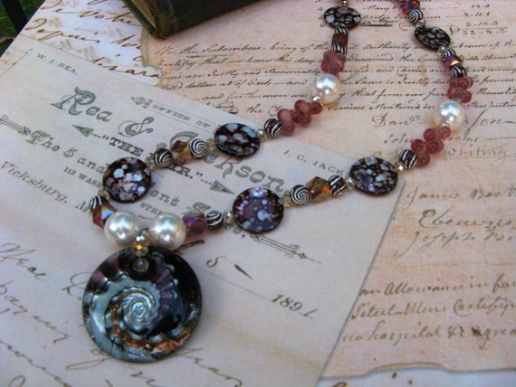 Glass Sea Anemone Necklace with glass pearls, crystal, mother of pearl beads