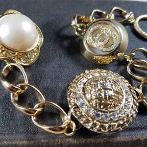 Vintage Clip Earring  Assemblage Bracelet; Rhinestone and Faux Pearl Charm Bracelet; Brass Charm Bracelet; Brass Chain Bracelet