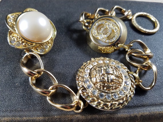 Vintage Clip Earring  Assemblage Bracelet; Rhinestone and Faux Pearl Charm Bracelet; Brass Charm Bracelet; Brass Chain Bracelet