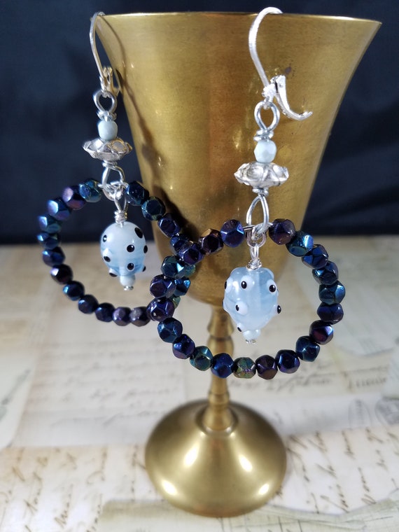 Gemstone Hoop and Lampwork Glass Earrings; Black, Pale Blue and Silver Dangle Earrings; Iredecient Black Gemstone Hoop Earrings