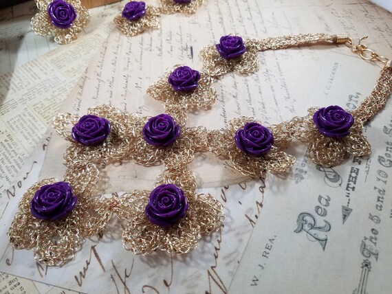 Purple Lucite Rose's and Rose Gold Wire Crochet Glamorous Jewelry Set; Prom Jewelry; Bridesmaid; Mother of Bride Jewelry Set