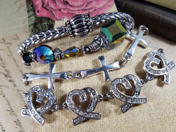 Rhinestone and Silvertone Vintage Bracelets Lot #B74; Costume Jewelry Lot, Hearts and Crosses Bracelet Set; Silver Costume Bracelets Lot