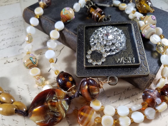Wish Assemblage Necklace; Lariat Necklace; Bone White Neutral Long Pendant Lariat Necklace; Resin Art Statement Necklace; Resin Art Pendant