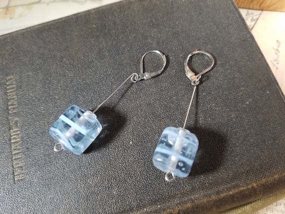 Blue Clear Cubic Boho Drop Earrings; Lampwork Glass and Beaded Dangle Earrings; Geometric Glass Beaded Drop Earrings; Latch Hook Earrings
