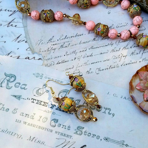 Rosey Pink and Brass Drop Earrings