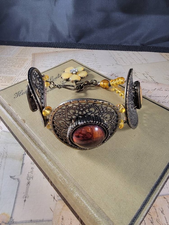 Honey Colored Glass Beaded Art Assemblage Bracelet