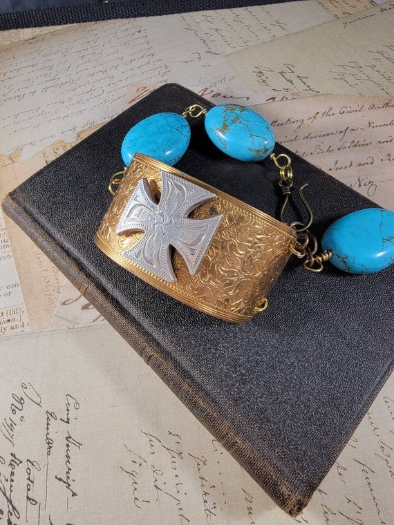 Brass Cowgirl Cross Assemblage  Bracelet; Chunky Turquoise Assemblage Bracelet; Bracelet; Brass and   Blue Cross Bracelet