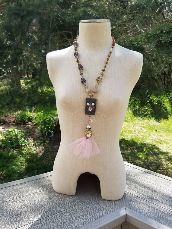 Vintage Memories Beaded Assemblage Pendant Necklace, Long Beaded Vintage Jewelry Porcelain Doll Necklace, Long Statement Resin Pendant