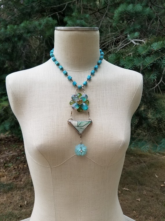 Aqua Floral Vintage Assembly Pendant Necklace; Memory Totem Pendant Necklace; Shabby Chic Jewelry; Long Turquoise and Aqua Pendant