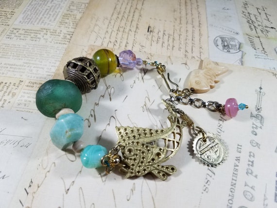 Antique Swordfish Assemblage Bracelet; Ancient Ocean Assemblage Bracelet; Ocean Treasure Bracelet; Beach Glass Bracelet