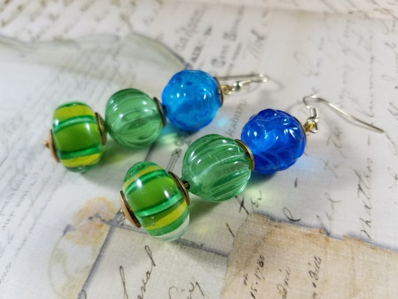 Blue and Green Chunky Lampwork Glass Drop Earrings; Spring Boho Earrings; Glass Green Stripe Earrings; Blue and Aqua Drop Earrings