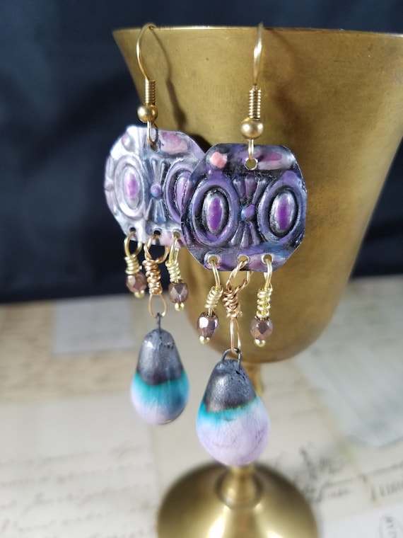 Rustic Hand-Painted Tin Drop Earrings; Purple, Pink, Teal and Grey Beaded Drop Earrings; Spring Earrings; Scorched Earth Briollette Earrings