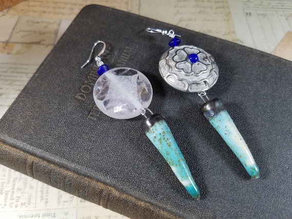 Assymetrical Spike Dangle Earrings; Quartz and Pewter Beaded Drop Earrings; Beaded Ceramic Spike Earrings;