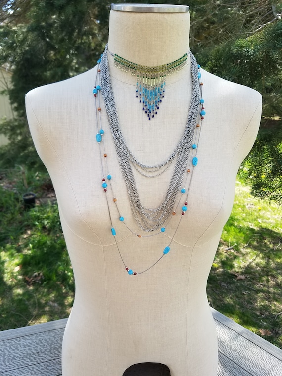 Silvertoned Chain and Turquoise Minimalist Bohemian Necklaces Jewelry Set #A15;  Chicos Boho Necklaces Set; Hoops Chain Layered Jewelry Lot