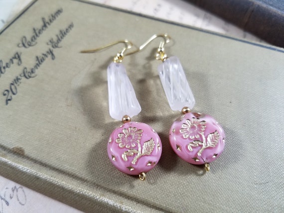 Pink and Gold Floral Drop Earrings; Rose Daisy Boho Earrings; Czech Glass Flower Earrings; Pink and White Floral Drop Earrings