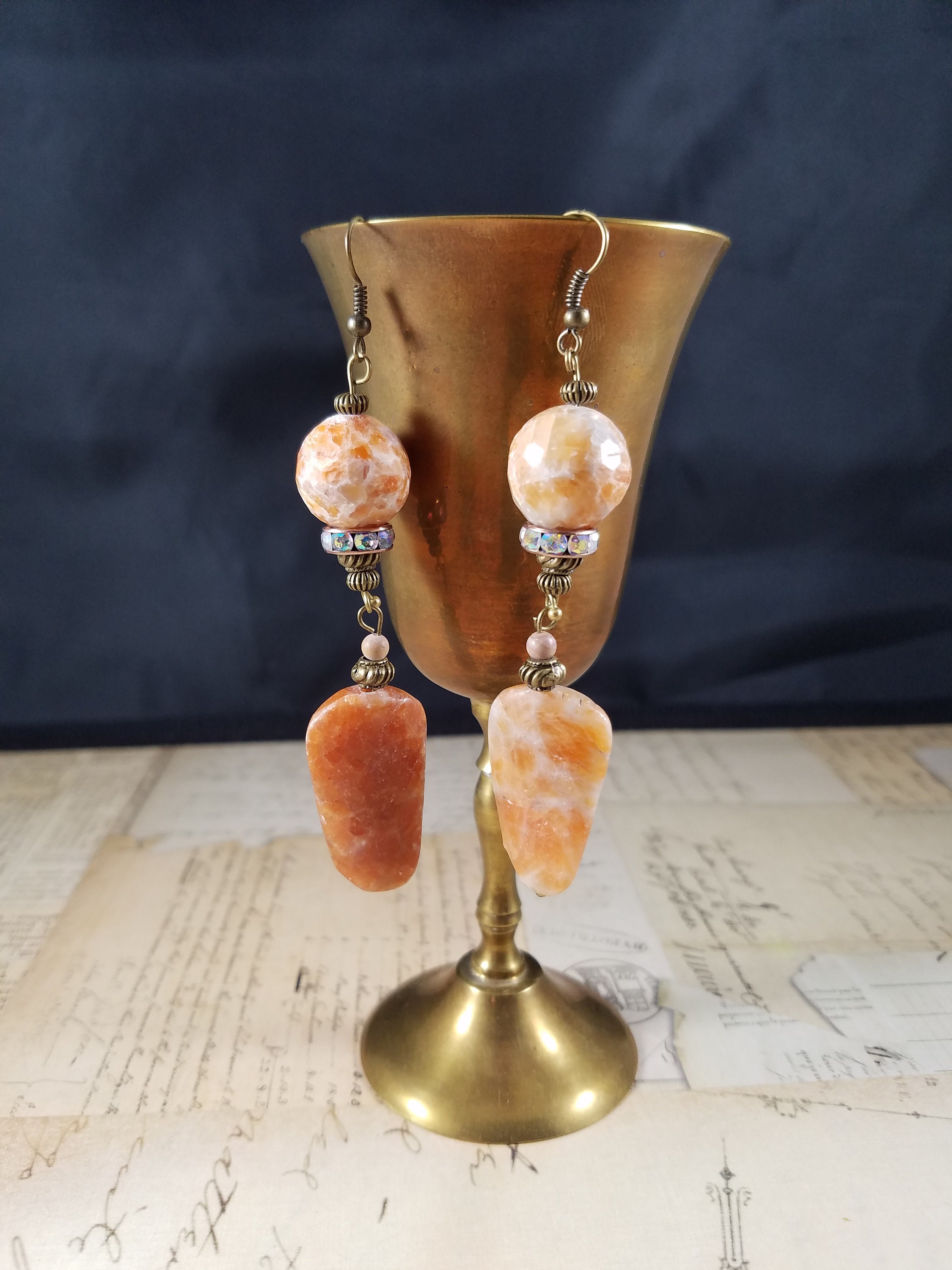 Burnt Orange Stone Drop Earrings; Triangular Beaded Dangle Earrings ...