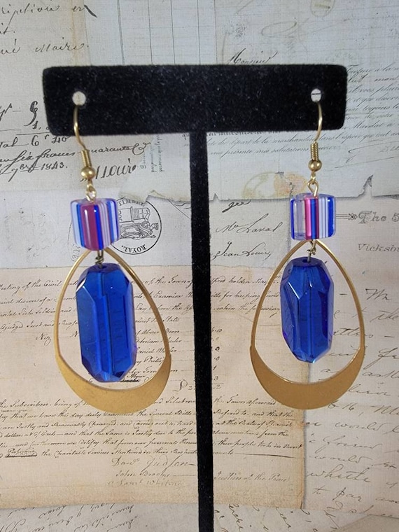 Blue and Pink Cane Beads Dangle Hoop Earrings; David Christenson Cane Beaded Drop Earrings; Cobalt Blue Glass Beaded Hoop Earrings
