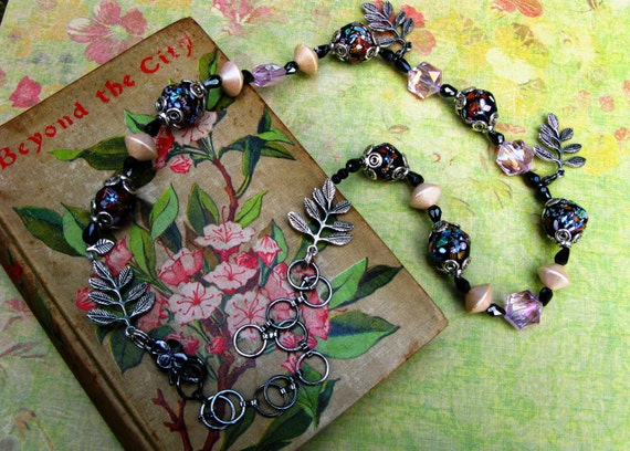 Boho Gypsy Lampwork Beaded Necklace with fern pendants, crystal, and wooden beads that is adjustable for length