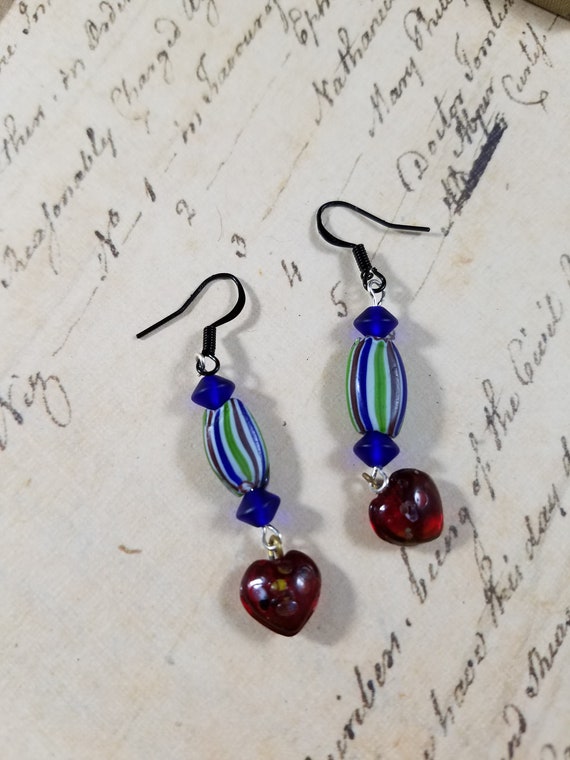 Striped Hearts Drop Earrings; Beaded Dangle Earrings; Blue Green and Red Beaded Drop Earrings; African Glass Dangle Earrings; Valentine Gift