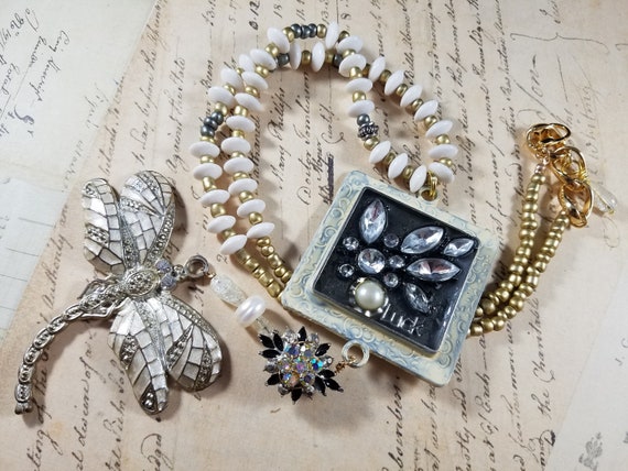 Lucky Dragonfly Assemblage Necklace; Woodland Fairy Necklace; Neutral Dragonfly Necklace; Autumn Statement Necklace; Resin Art Pendant