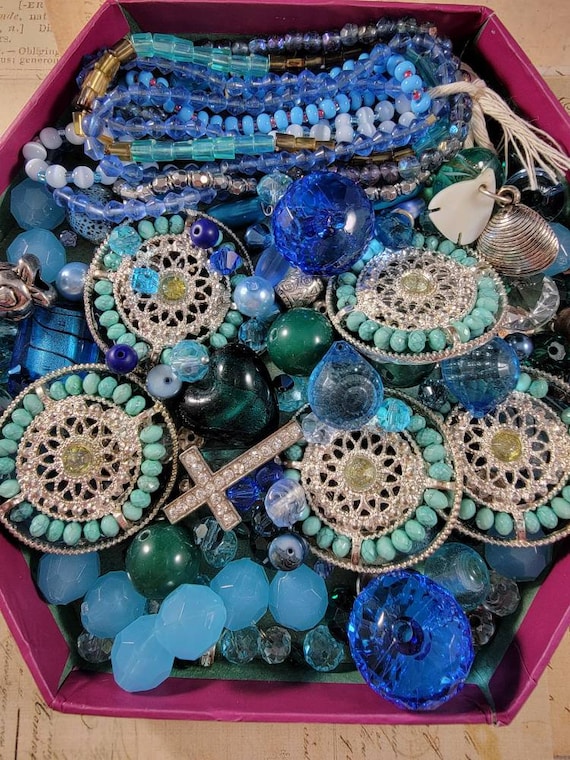 Ocean Blue Bead Soup Jewelry Making Kit; Aqua Blue Green Jewelry Supply Kit; Earring Making Kit; Bracelet Making Set; Blue Beads Lot; K05