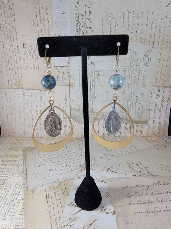 Grey and Brass Assemblage Earrings; Vintage Catholic Saints Assemblage Earrings;1