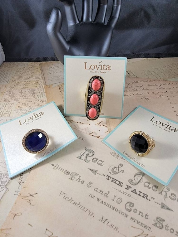 Brand New Lovita Stretch Rings Deep Sea Blue, Obsidian Black, or Coral Trio with Goldtone; NWT Rings; Costume Rings; Lovita Rings #L02