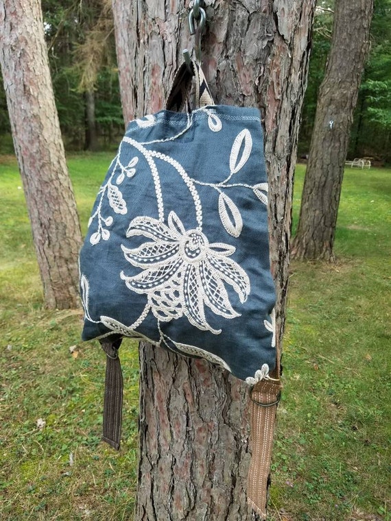 Dark Blue Grey and Tan Embroidered Backpack; Upcycled Upholstery Fabric Sample Bookbag; Boho Nap Sack; Blue School Bag