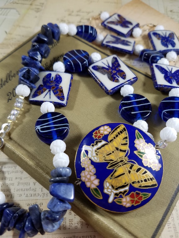 Butterfly Garden Pendant Gypsy Boho 22" Beaded Necklace with Matching Earrings Set