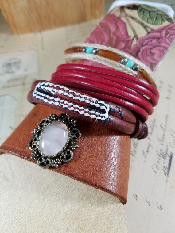 Boho Leather Bangle Bracelets Lot #C04; Costume Jewelry Lot, Leather and Beaded Bracelet Set; Red and Brown Leather Bangles Set