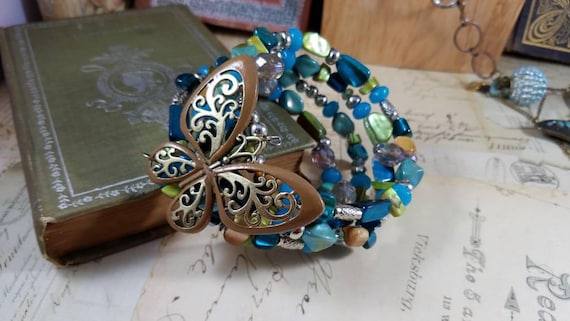 Butterflies Are Free to Fly Memory Wire Beaded Bangle Boho Bracelet