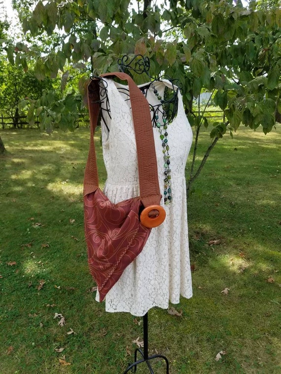 Rust Triangular Shoulder Bag; Upcycled Fabric Sample Purse; Rust and Burgundy Boho Handbag; Autumn Colors Handbag