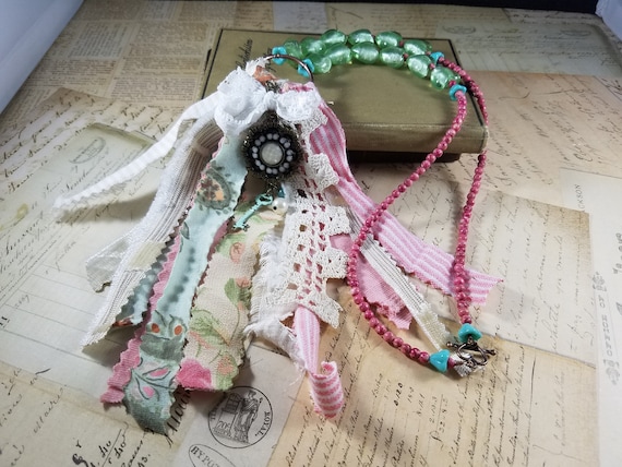 Shabby Chic Tassel Pendant Necklace; Antique Lace and Textiles Tassel Necklace; Pastel Pink and Green Heart Tassel Pendant; Fiber Art Tassel