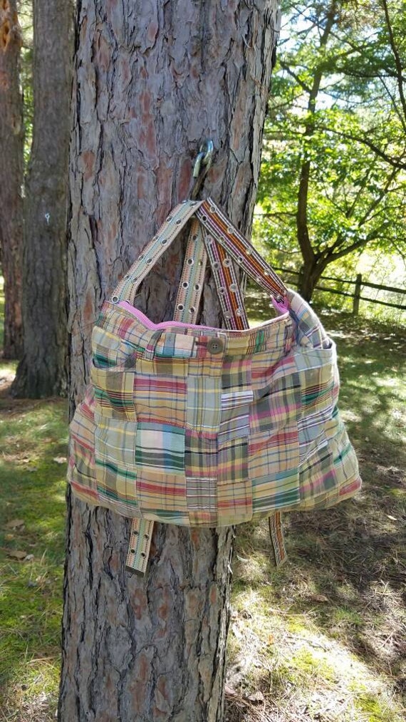 Kahki Plaid Patchwork Backpack; Beige Plaid Bookbag; Earthtone Backpack Purse; Patchwork School Bag; Neutral Plaid Nap Sack; Army Green Sack