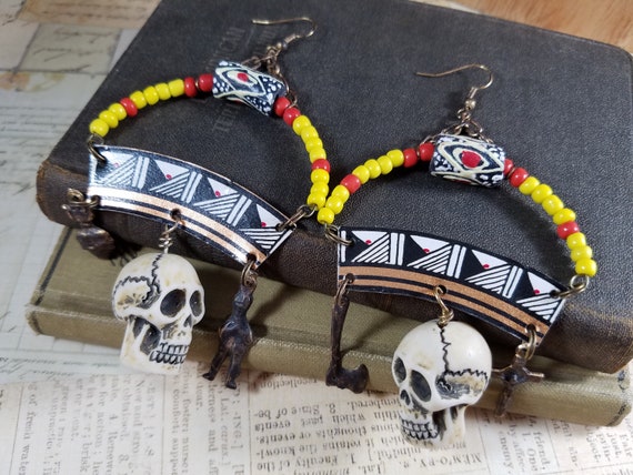Voodoo Vibe Tribal Earrings of the Tribal Collection; Skull Dangle Earrings; Day of the Dead Earrings; African Beaded Earrings; Tin Jewelry