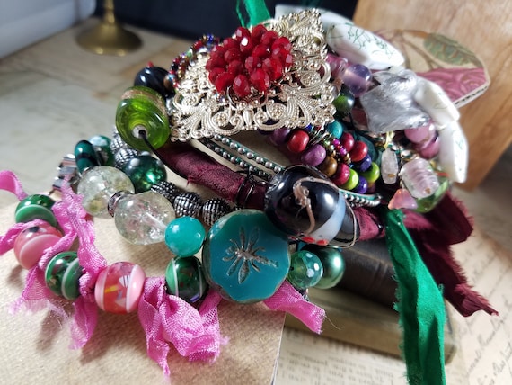 Shabby Chic Teal and Pink Upcycled Stackable Bracelets; 12 Stackable Bracelets; Boho Bracelet Stack; Multimedia Bracelet Stack; Gypsy Stack