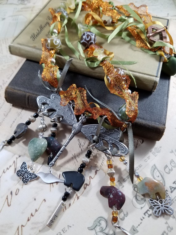 Autumn Dragonfly Charm Necklace; Woodland Fairy Necklace; Fiber Art Dragonfly Necklace; Autumn Statement Necklace