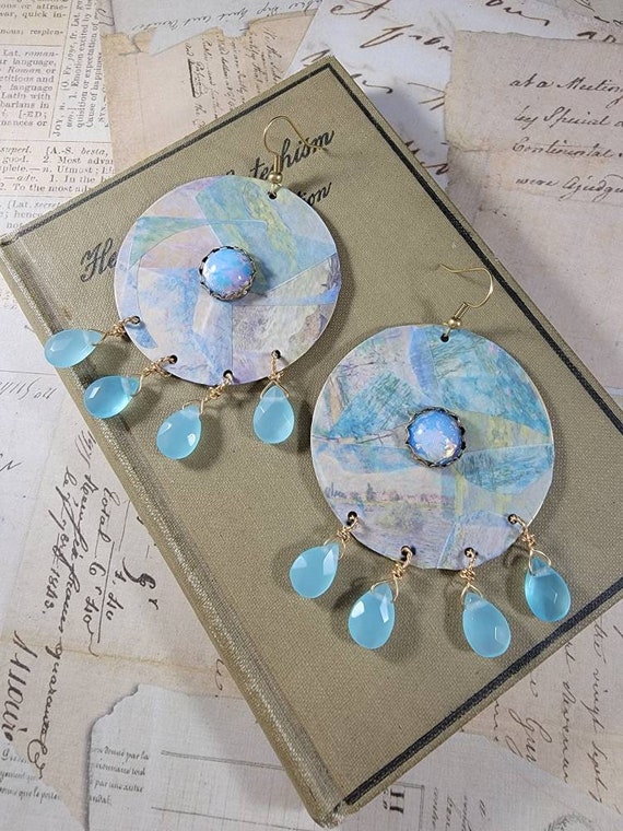Pink and Aqua Decoupage Drop Earrings; Faux Opal Boho Earrings; Pastel Spring Decoupage Earrings; Pink and Orchid Floral Drop Earrings