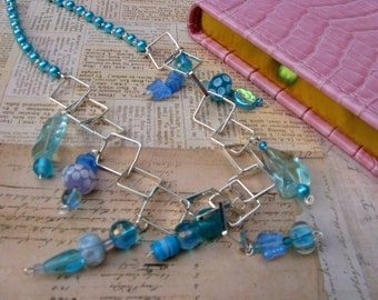 Aqua Lampwork Glass Beaded Necklace with Geometric Chain and Chrystal