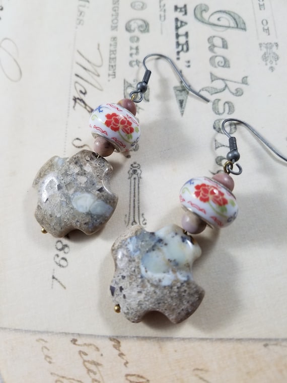 Stone Cross Drop Earrings; Neutral Beige Beaded Dangle Earrings; Rustic Cross Beaded Drop Earrings; Semi Precious Stone Dangle Earrings