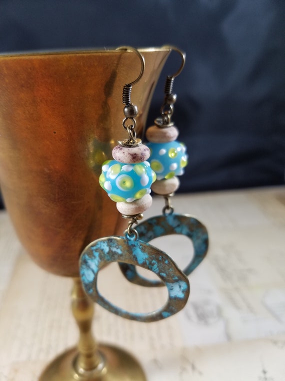 Blue, Aqua, Grey Boho Drop Earrings; Lampwork Glass and Beaded Dangle Earrings; Antiqued Brass Beaded Drop Earrings; Patina Brass Hoops