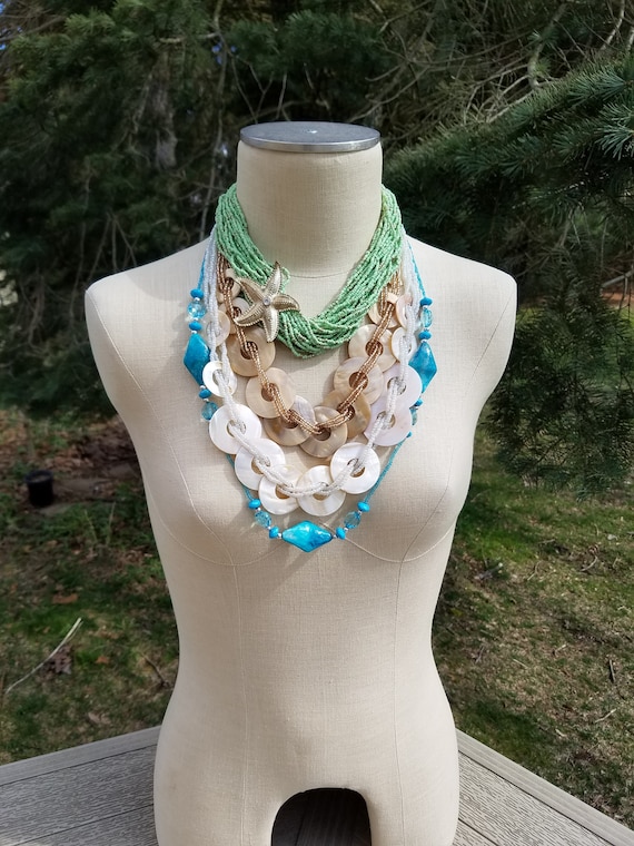 Tropical Mother of Pearl Necklace Jewelry Set #A02; Starfish Seedbead Necklace; Beach Vintage Jewelry Set; Sea Shell Layered Jewelry Lotinc