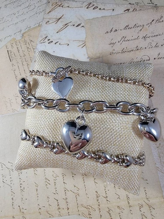 Silvertone Hearts Layered Bracelet Set #B94; Pewter Heart Bracelets; Guess Heart and Chain Bracelet; Costume Jewelry Bracelets; Shiny Silver