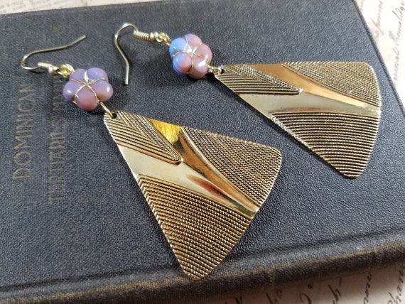 Lavender and Gold Floral Drop Earrings; Rose Triangular Boho Earrings; Czech Glass Flower Earrings; Orchid and Gold Large Drop Earrings