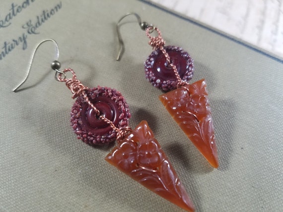Autumn Color Wire Wrapped Lampwork Dangle Earrings; Pumpkin Orange Beaded Drop Earrings; Rust Floral Czech Glass Fall Beaded Earrings
