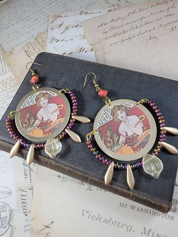 Art Decoupage Brass Dangle Earrings; Boho Chandelier Earrings; Artist Drop Earrings; Art Deco Earrings; Alfonso Mucha Art Earrings #2203