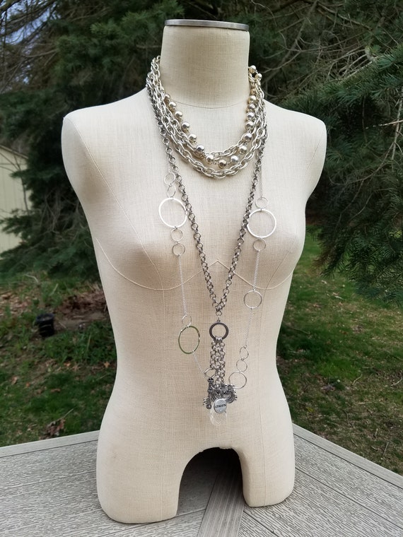 Silvertoned Chain Bohemian Necklaces Jewelry Set #A14;  Chicos Boho Necklaces Set; Hoops Chain Layered Jewelry Lot